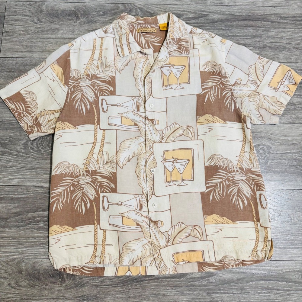 The‎ Havanera Co. Men Linen Blend Short Sleeve Button Up Shirt Tropical Palms L